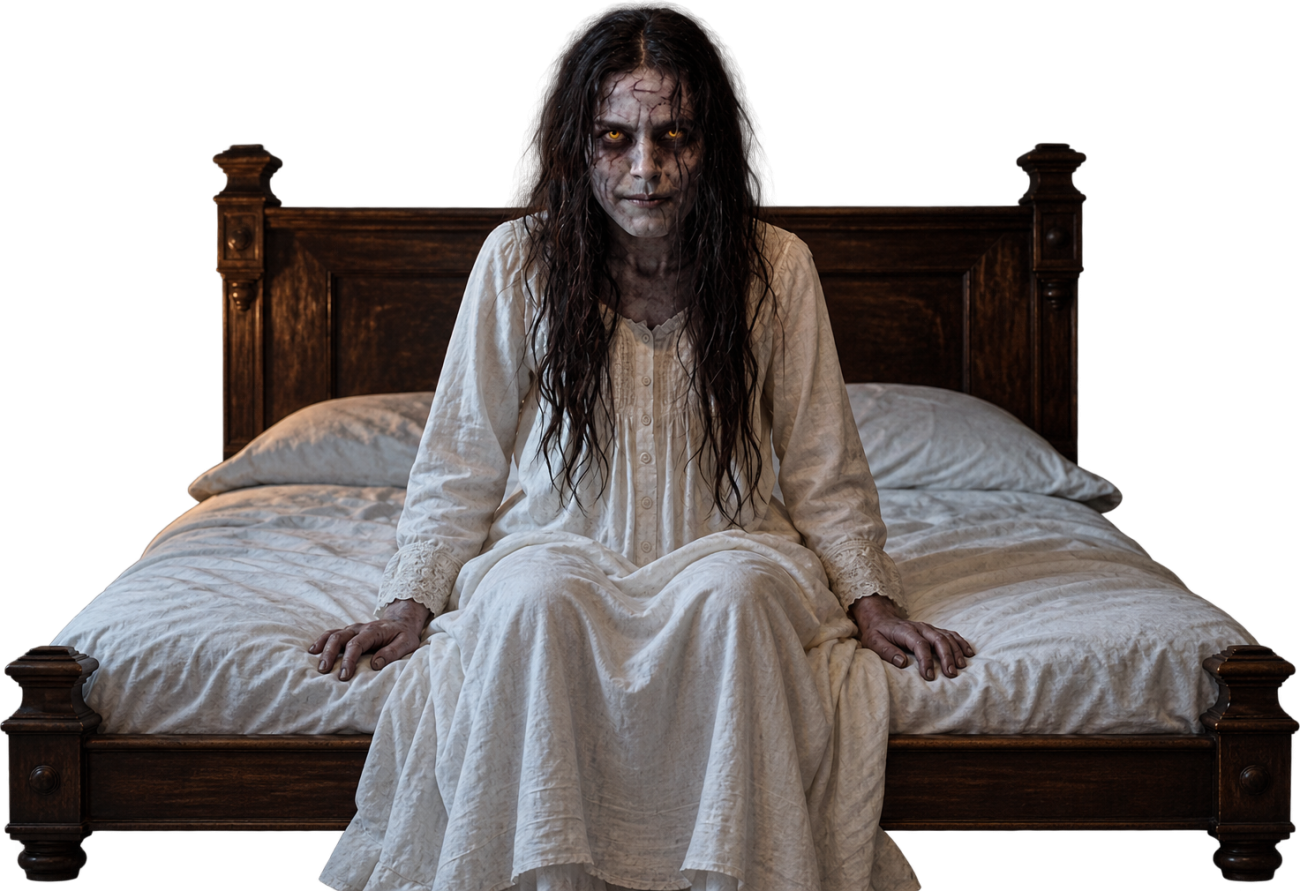 La possédée assise au bord du lit, yeux jaunes et chemise de nuit blanche, personnage du film L'exorcisme généré par IA
