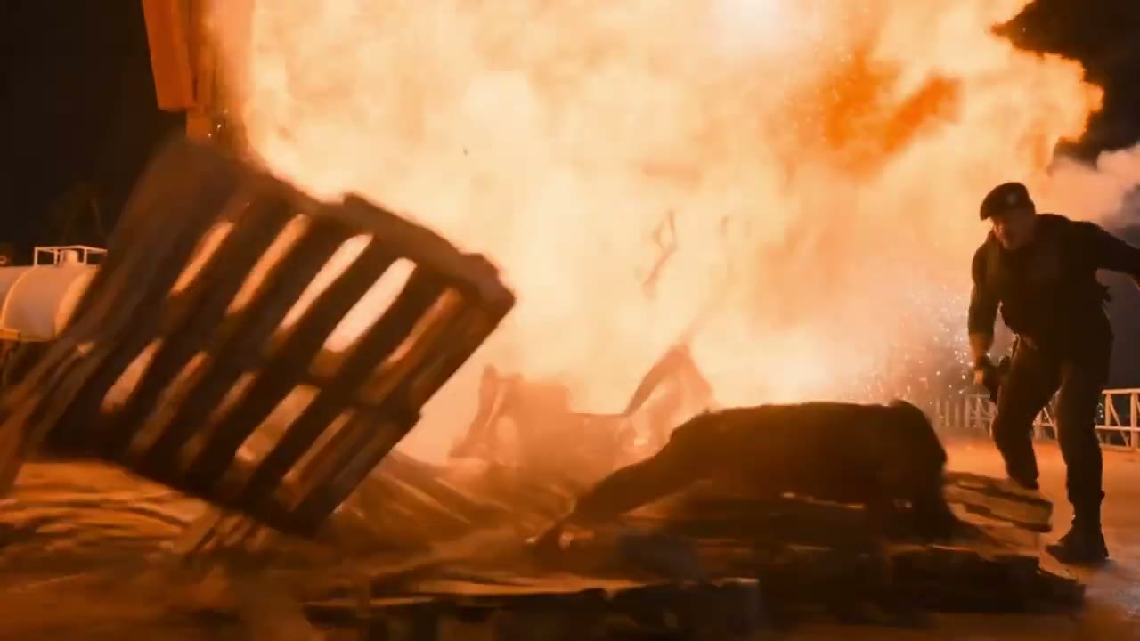 Explosion au milieu des palettes, silhouette qui s'écarte