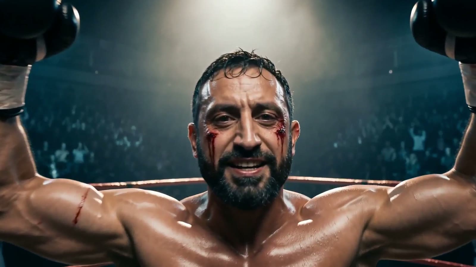 Bras levés, visage marqué, la victoire