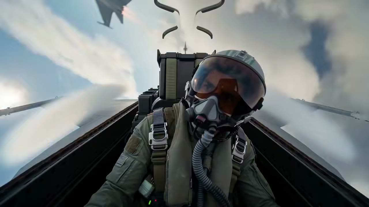 Le pilote casqué, visière réfléchissante, l'exercice principal du plan