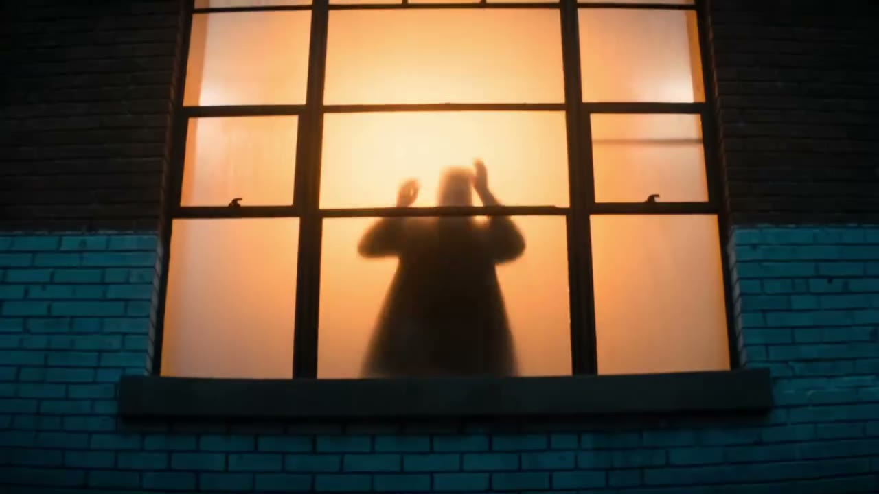 Silhouette derrière une verrière éclairée, mains levées