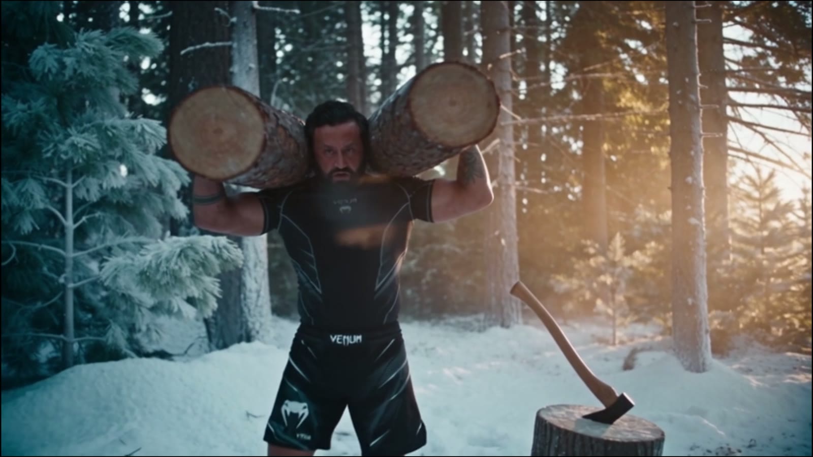Entraînement en forêt enneigée, rondins sur les épaules