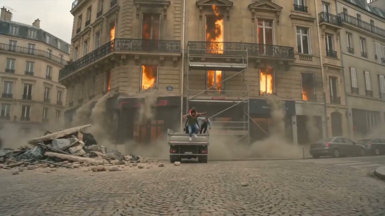 Façades en feu et gravats sur les pavés