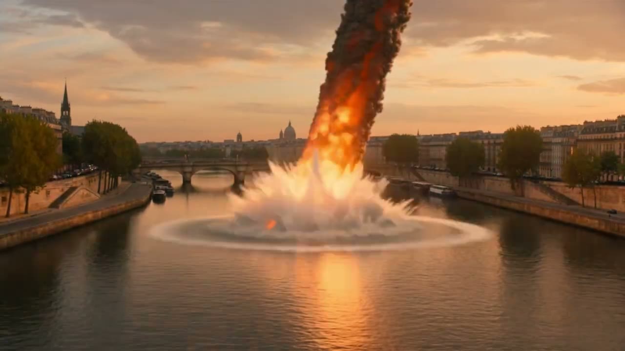 L'impact dans la Seine, colonne de feu et gerbe d'eau