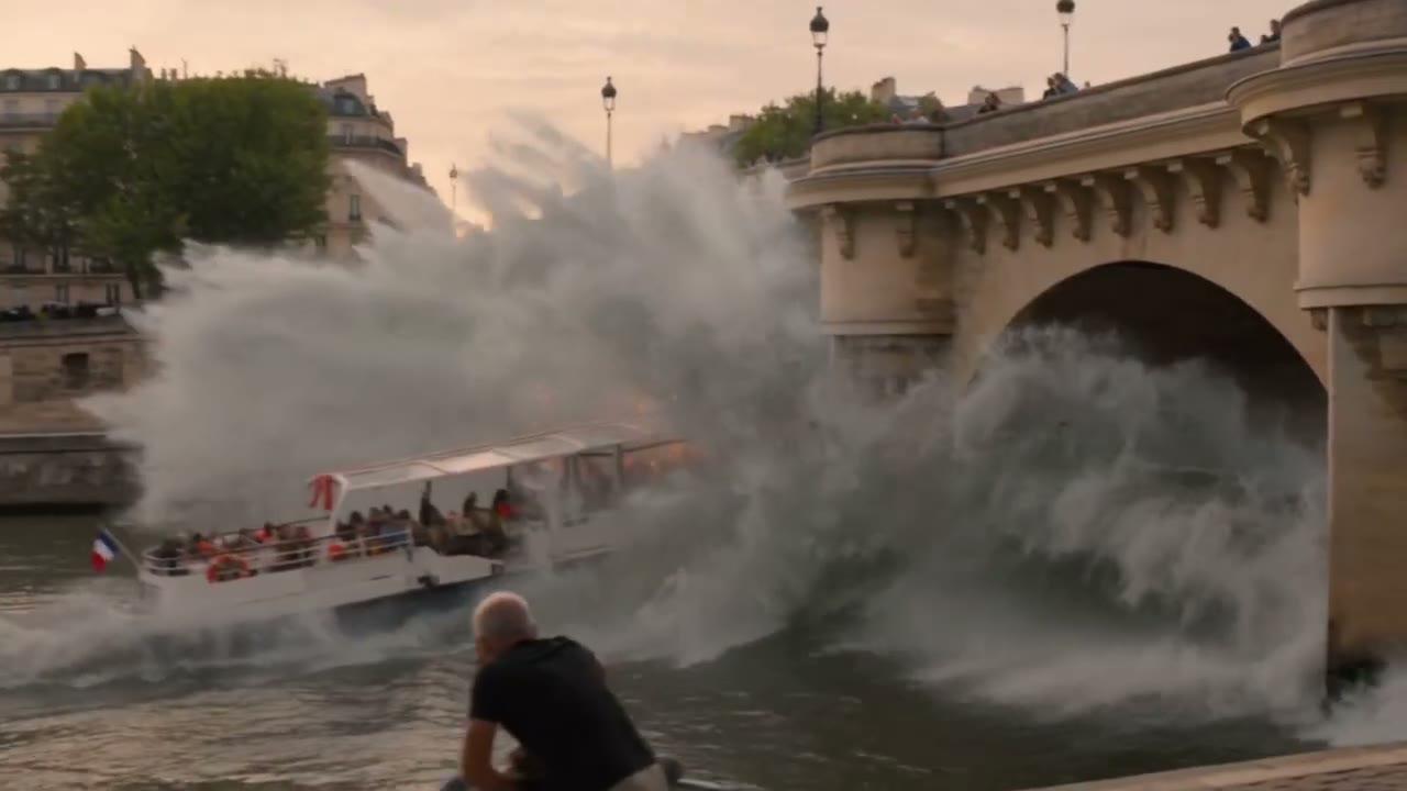 La vague submerge un bateau-mouche sous un pont