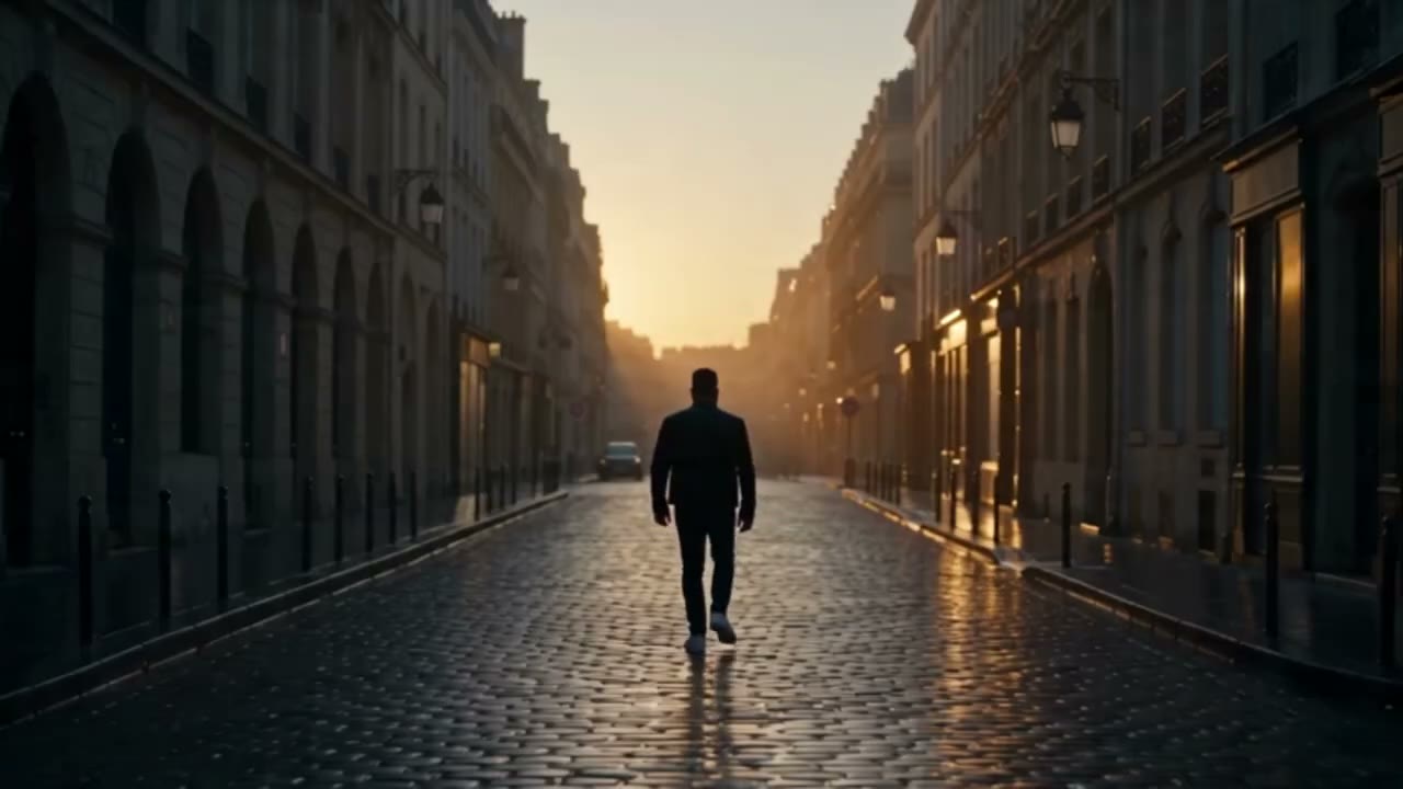 Une rue déserte au lever du jour, silhouette de dos : le plan d'ouverture