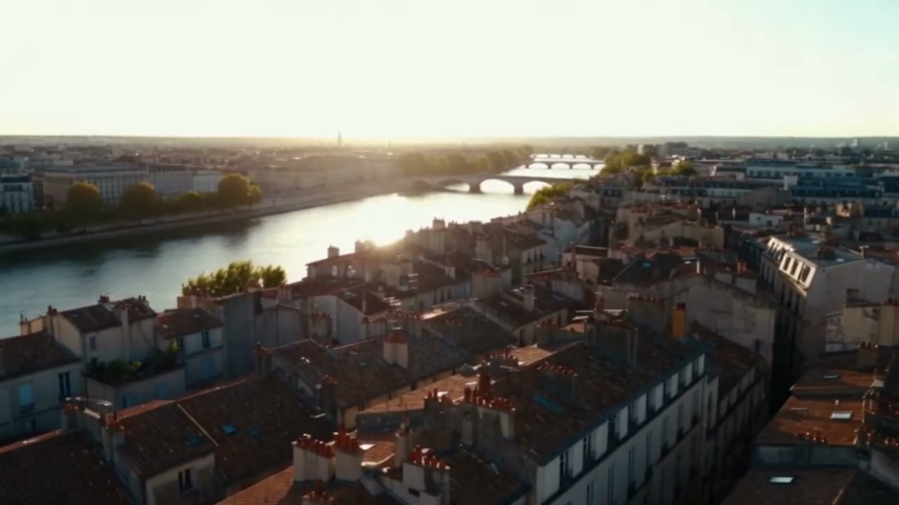 Vue aérienne d'une ville traversée par un fleuve, à contre-jour