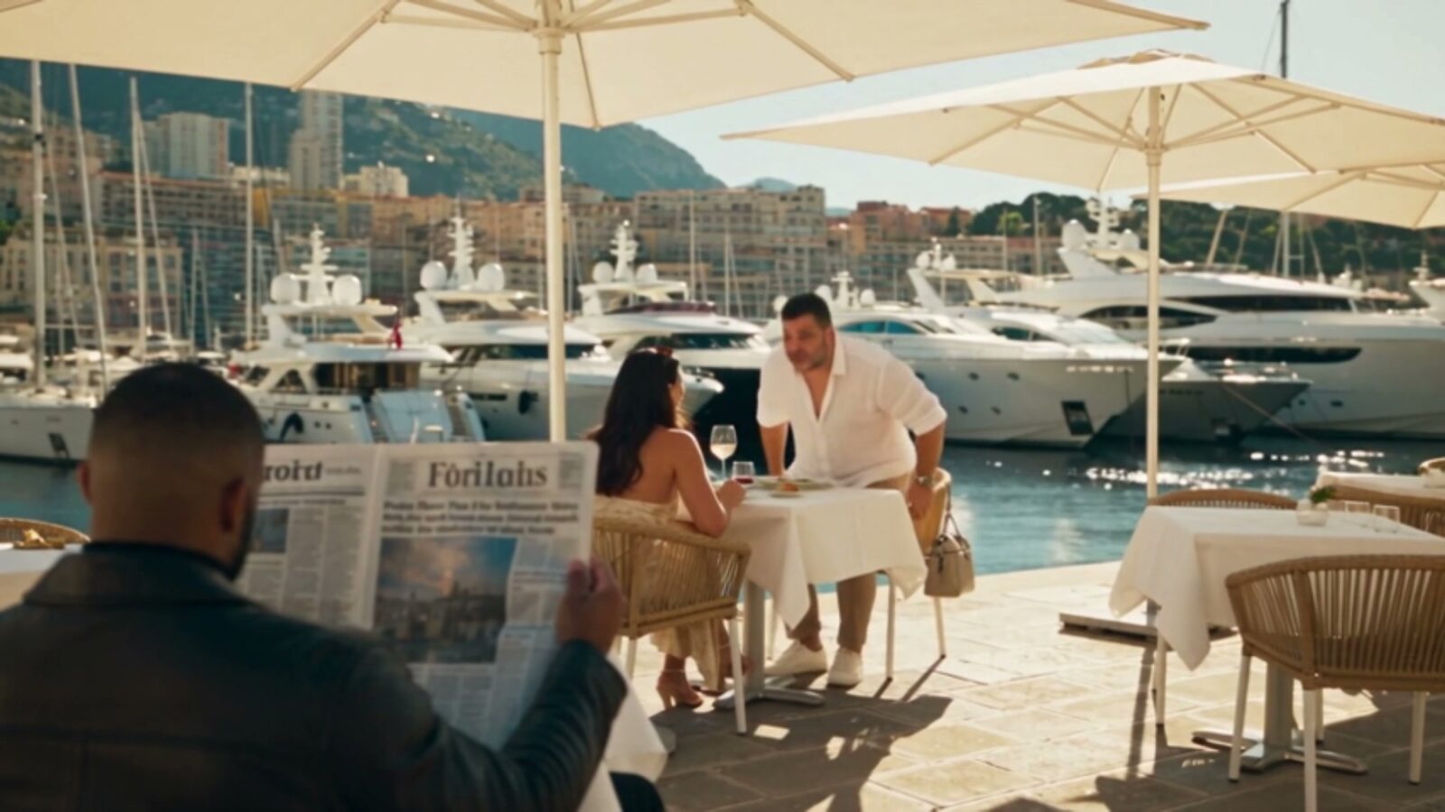 Terrasse d'un restaurant sur le port de Monaco, un homme observe un couple attablé derrière son journal