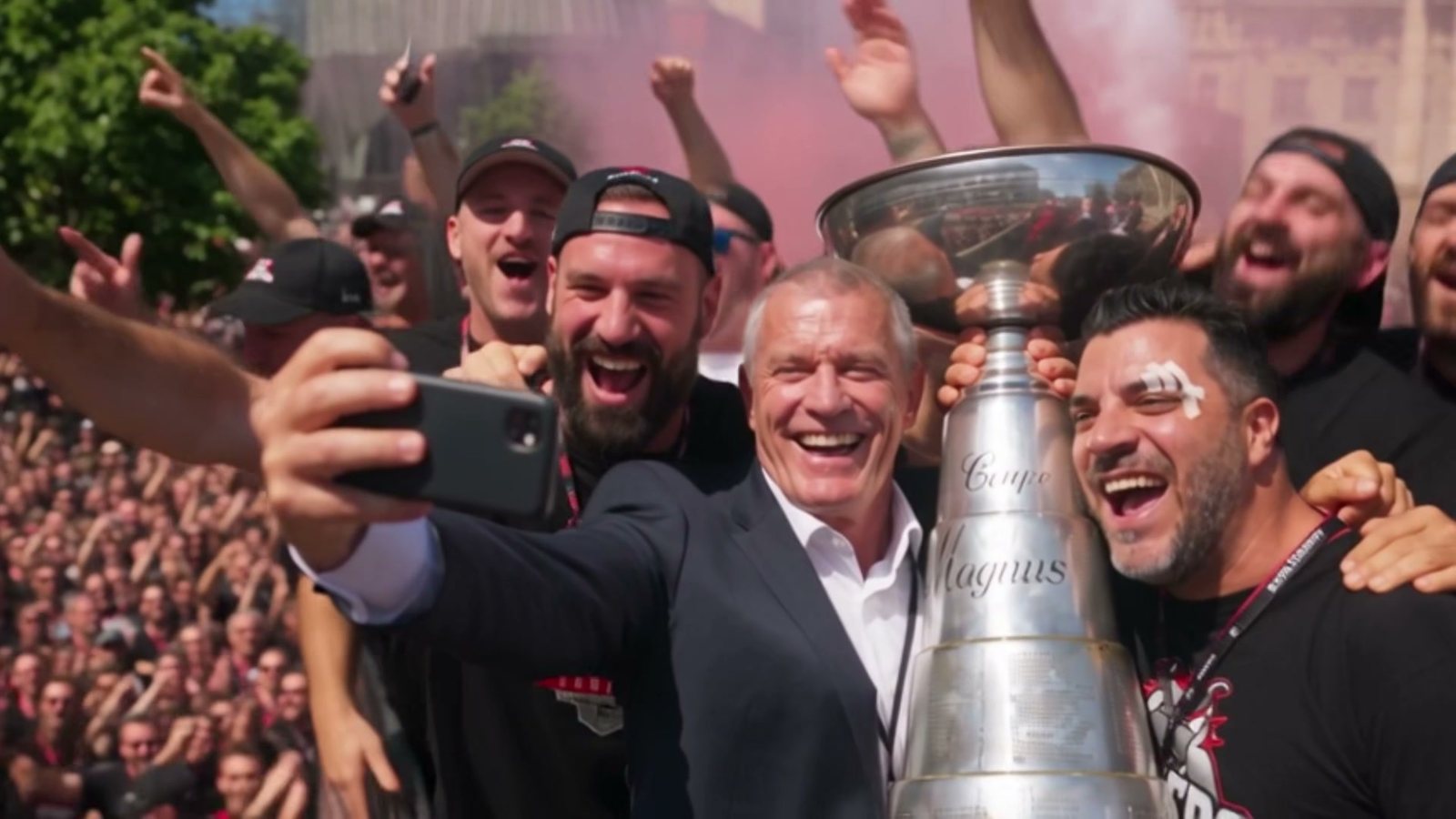 Selfie autour du trophée pendant la parade, joueurs et dirigeants