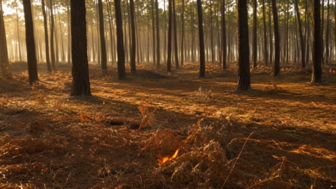 Forêt de pins des Landes au lever du jour, avant l'incendie