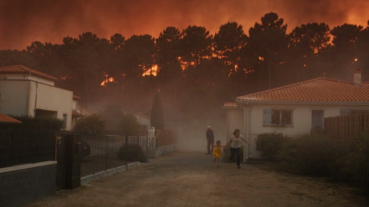 Une maison au milieu des pins menacée par le front de flammes