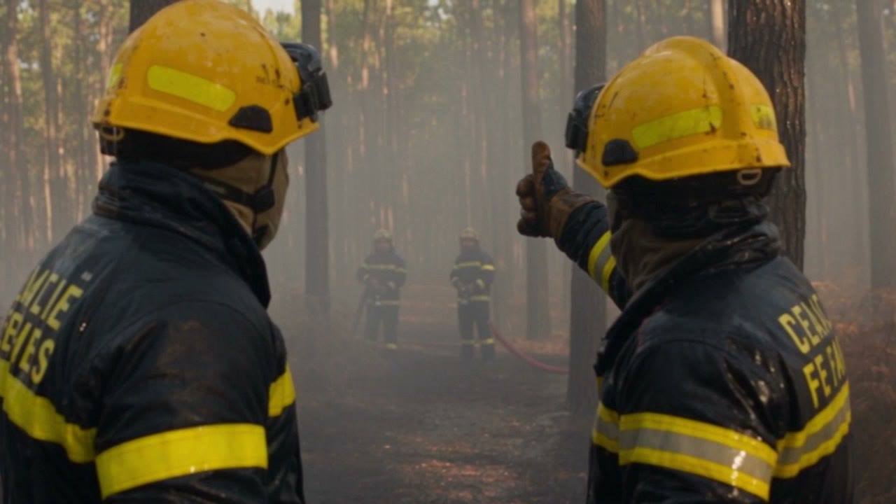Deux pompiers de dos observent la progression du feu