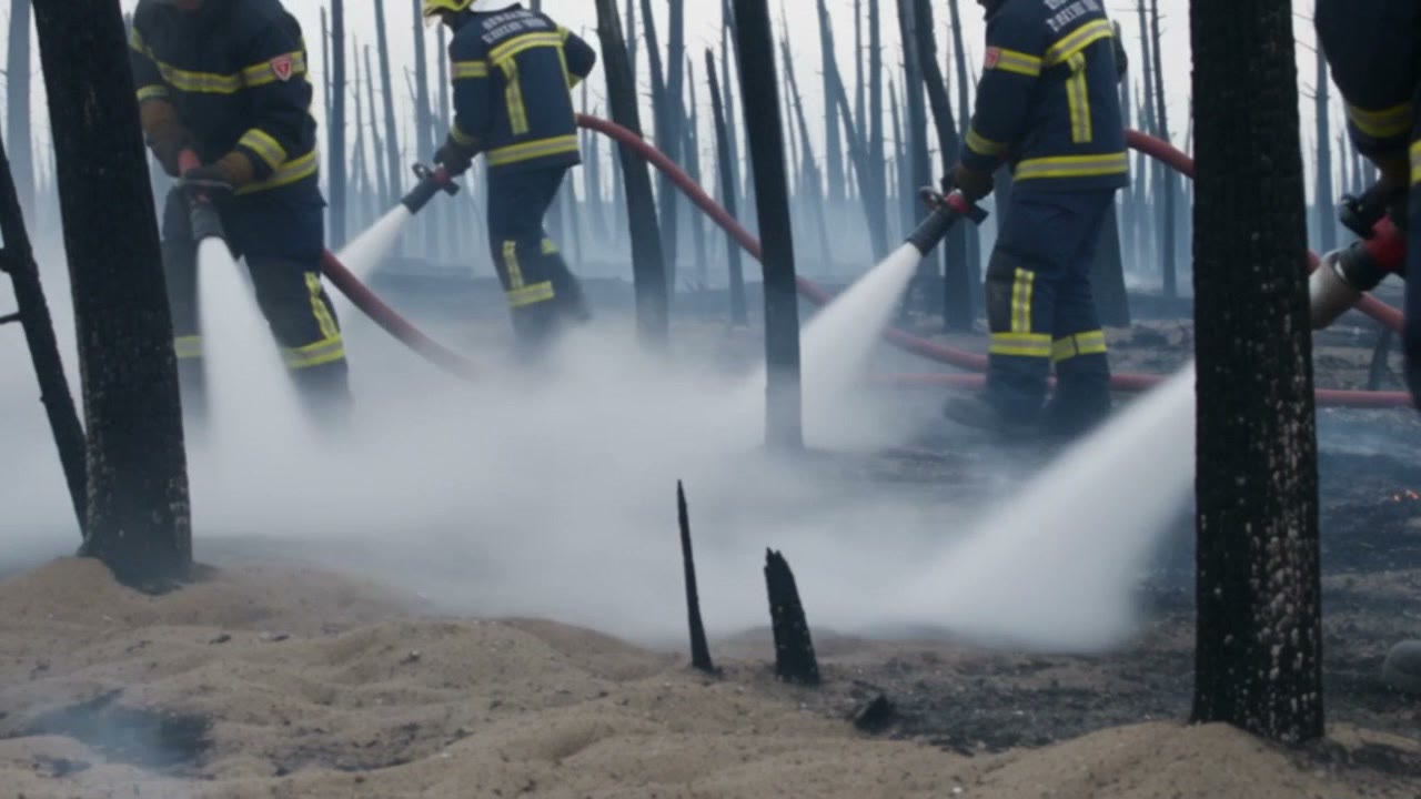 Plusieurs pompiers noient le sol d'une forêt calcinée, jets croisés