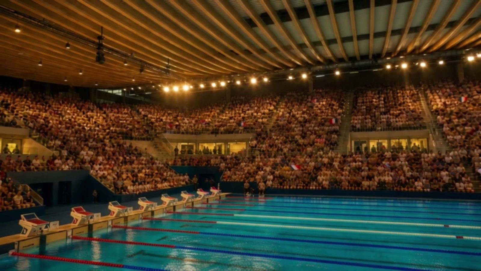 Le bassin olympique avant la finale, plots de départ alignés et gradins pleins