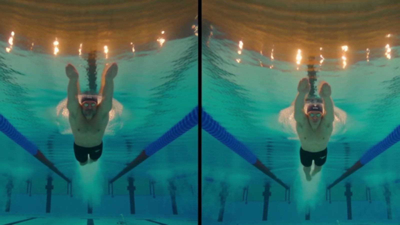 Split screen sous l'eau : les deux coulées après le plongeon, côte à côte