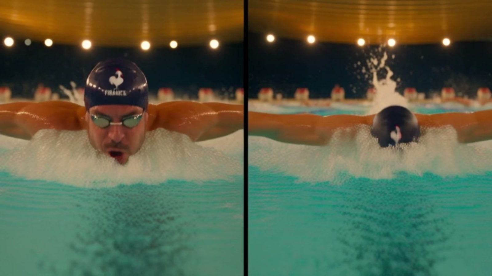 Split screen en surface : les deux nageurs en papillon, même mouvement de bras