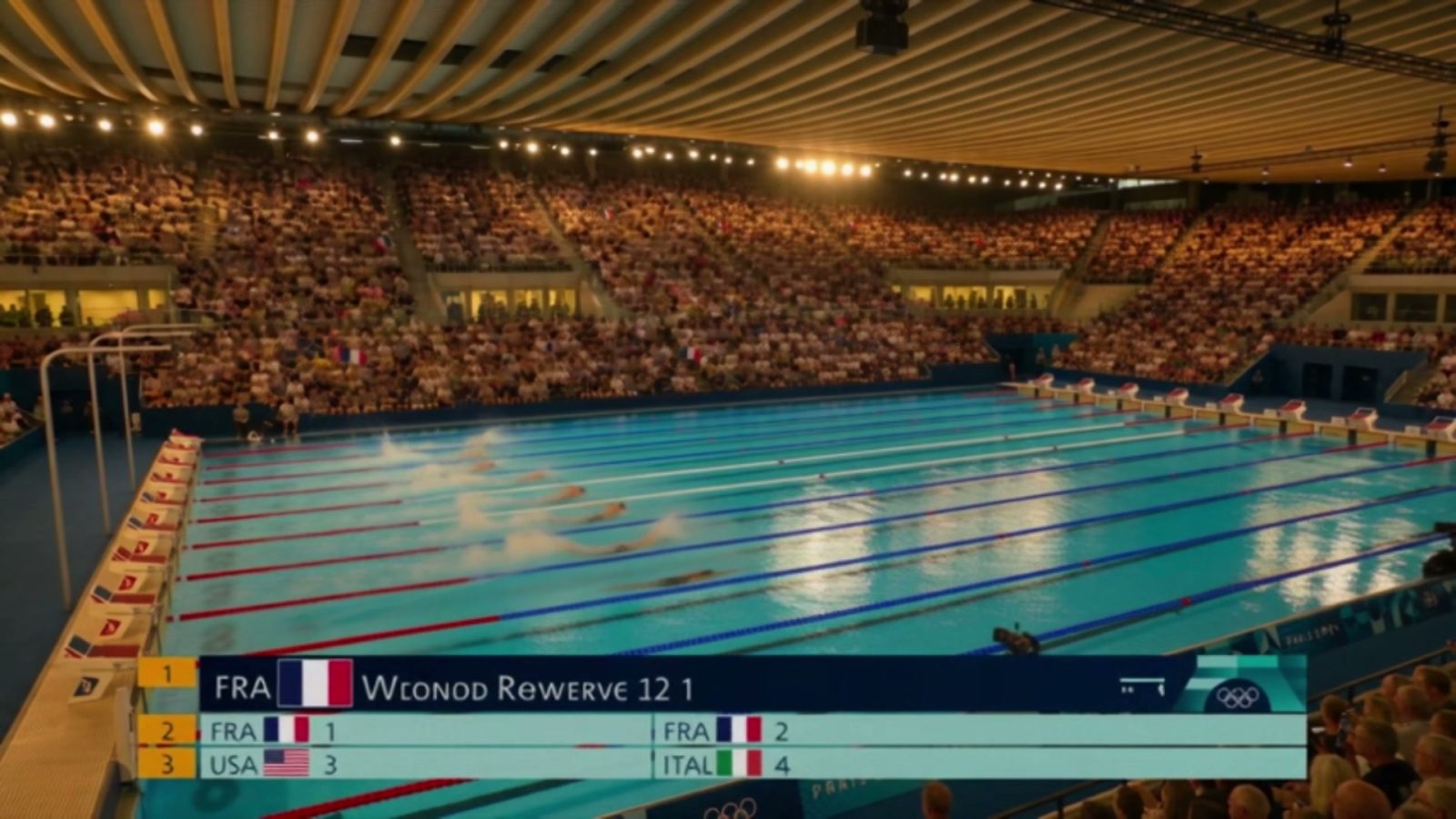 Plan large de la piscine avec l'habillage télé du classement en incrustation