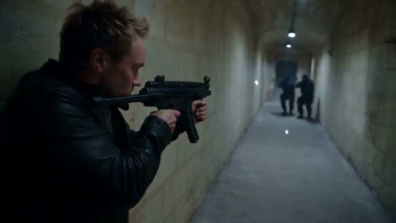 Progression dans les couloirs voûtés, arme au poing