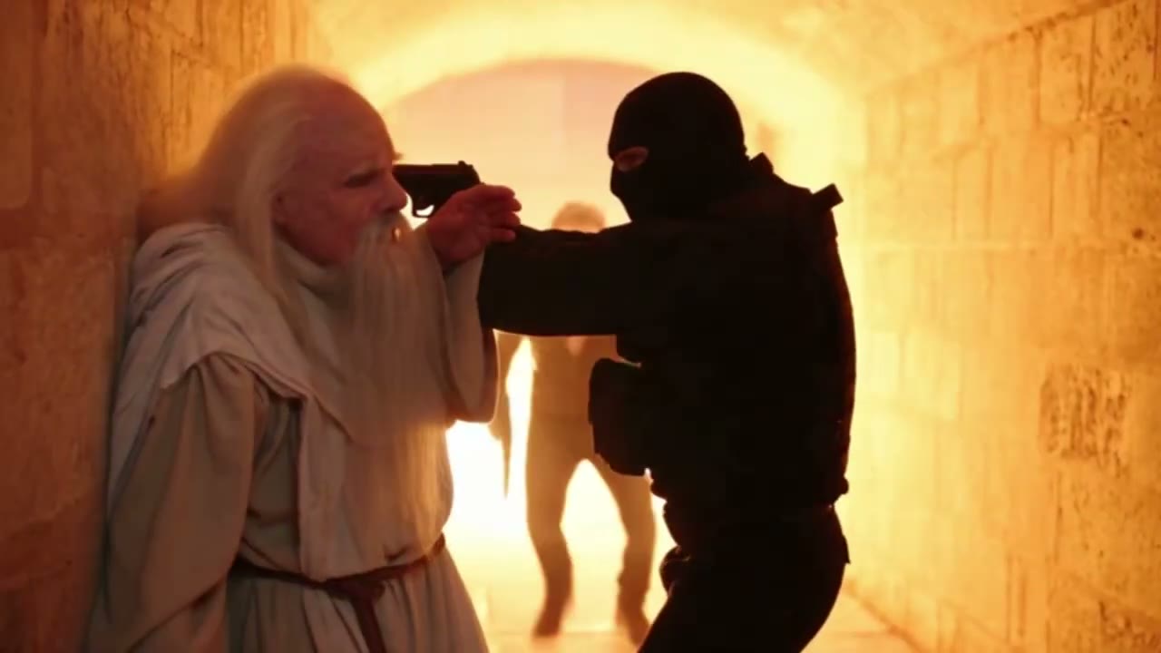 Le vieux sage pris à partie devant un mur de flammes