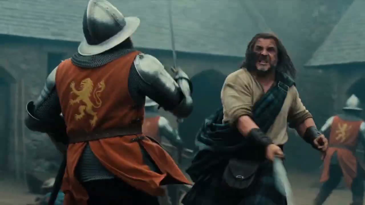 Duel à l'épée devant les maisons du village