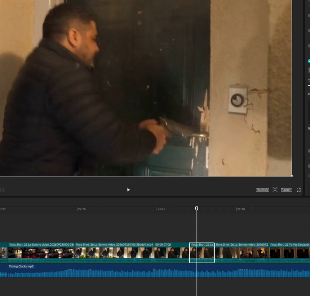 Capture du logiciel de montage après correction : le même plan du père devant la porte, le mur raccordé, au même point de la timeline