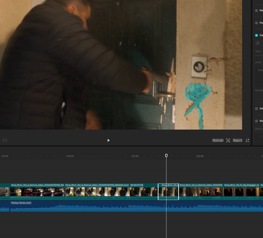 Capture du logiciel de montage avant correction : le père force la porte, masque de correction tracé en bleu sur l'impact dans le mur