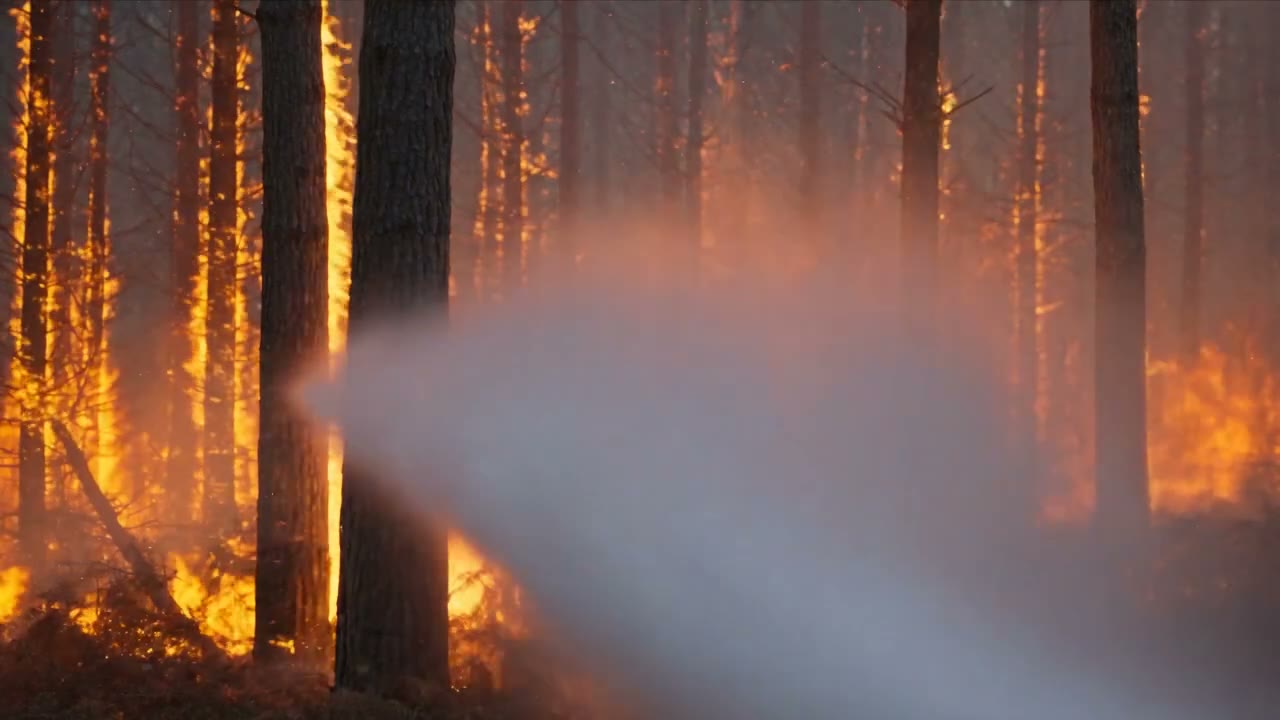 La lance à eau face au front de flammes, en pleine forêt de pins
