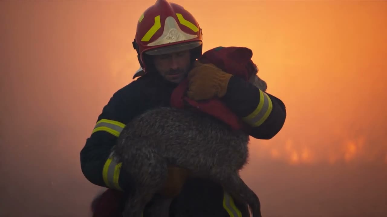 Un animal sauvé des flammes, porté dans les bras