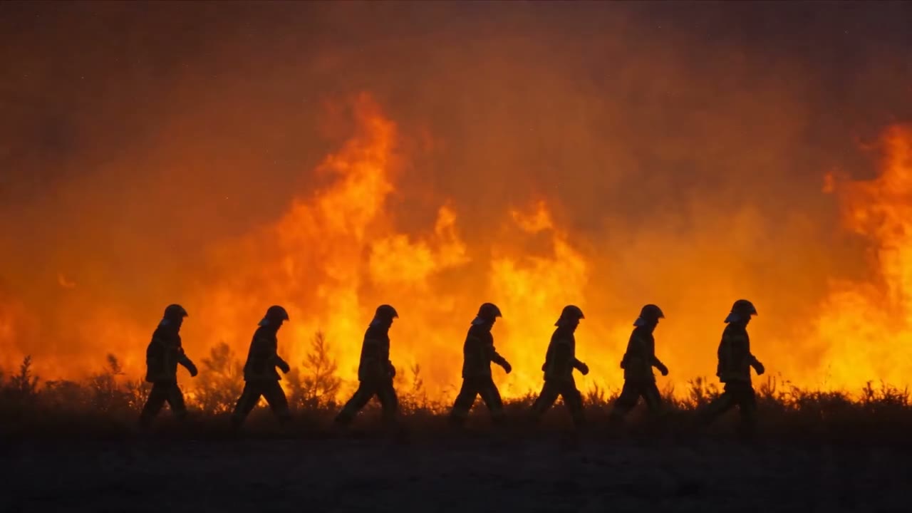 La ligne des pompiers en silhouette devant le feu, plan final