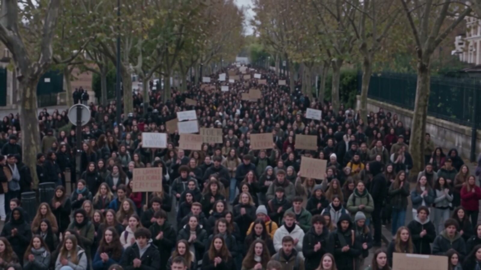 Une avenue bordée d'arbres noire de monde, les lycéens défilent pancartes levées