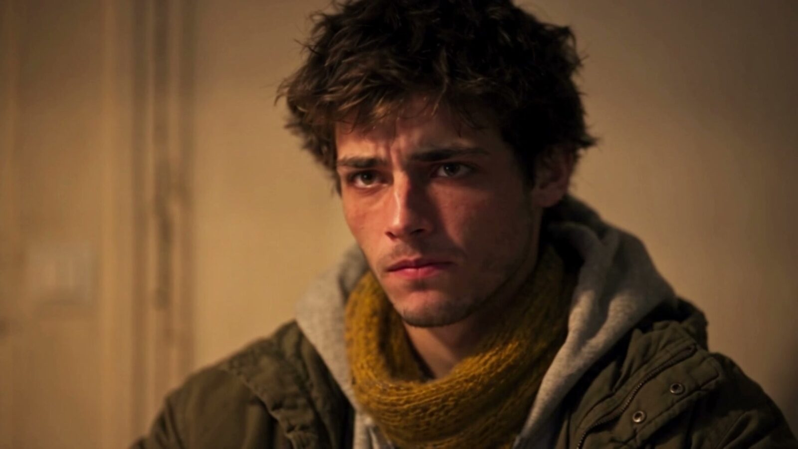 Le fils, inquiet, éclairé par une lumière chaude