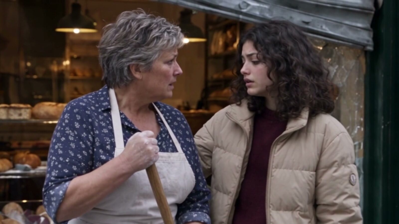 Sur le pas de sa boutique, la boulangère parle avec une lycéenne aux cheveux bouclés