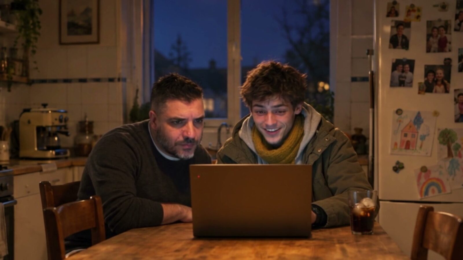 Le soir, le père et son fils réunis devant un ordinateur portable à la table de la cuisine