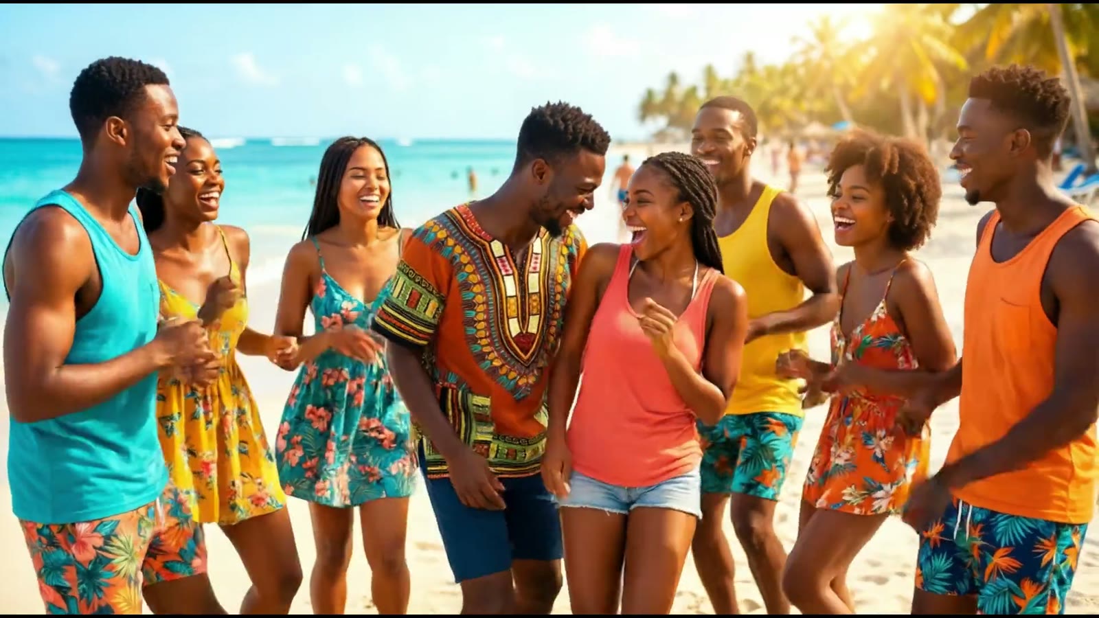 Le groupe réuni sur la plage, tenues colorées