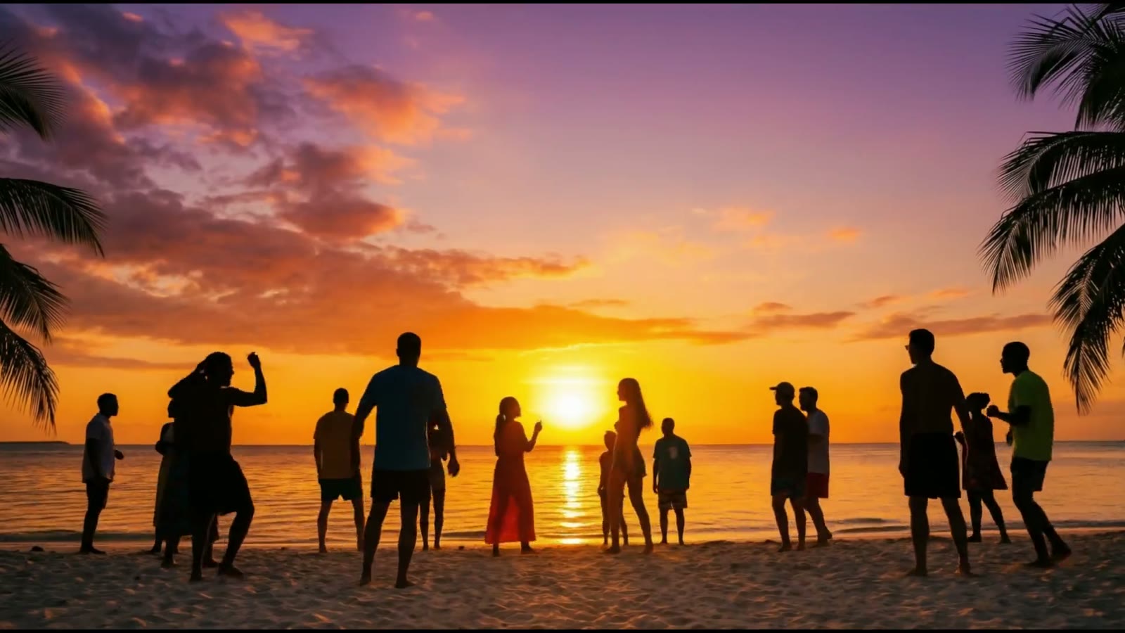 Silhouettes devant le soleil couchant, plan final