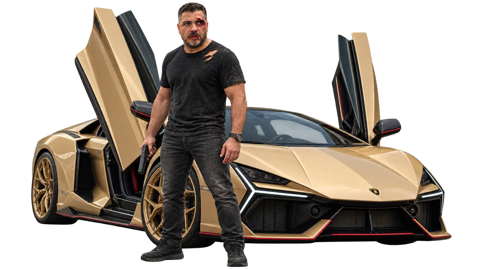 L'homme traqué, tee-shirt déchiré et visage marqué, arme au poing devant une Lamborghini dorée portes ouvertes, personnage du film La cible généré par IA