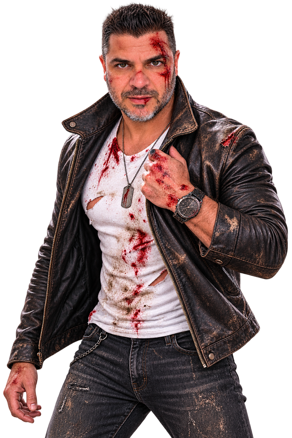 Stéphane Delgado en personnage de film d'action, veste de cuir, plan généré par IA